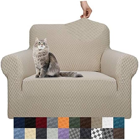 YEMYHOM Couch Cover Latest Jacquard Design High Stretch Sofa Chair Covers for Living Room, Pet Dog Cat Proof Armchair Slipcover Non Slip Magic Elastic Furniture Protector, Small (Chair, Khaki) by YEMYHOM