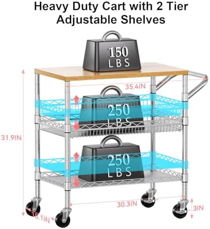 WDT 3 Tier Rolling Kitchen Carts with Wheels, Heavy Duty Rolling Utility Cart with Wood Tabletop, Commercial Grade Metal Cart with Handle and Hooks, NSF Storage Serving Island Carts, Light Wood+Metal - Image 4