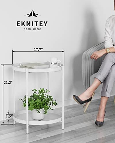 EKNITEY 2 Tier End Table - Metal Side Table with Removable Tray (White) - Image 3