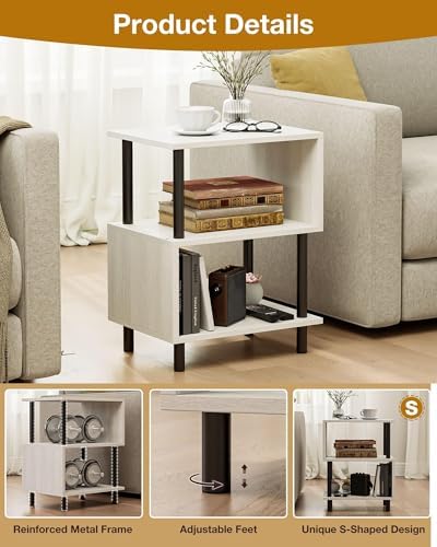 Frylr Small Side Table, End Table and Nightstand with 3-Tier Wood Shelves, Sturdy Metal Frame with 44 LBS Capacity per Shelf, Easy to Assemble for Living Room or Bedroom,Natural Greige - Image 4