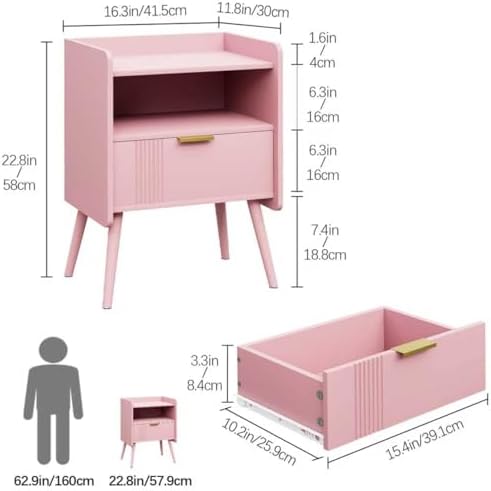 Aenuert Night Stand Modern End Table with Storage Drawer and Open Shelf, Small Bedside Stand, Wooden Sofa Side Table for Bedroom,Study Room and Small Spaces (Pink) - Image 2