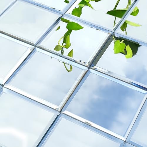 32 Pcs Peel and Stick Beveled Mirror Glass Tile. 3x3 Inch Mirror Backsplash Tiles. Cute Mirror Strip Tile for Kitchen, Bathroom Wall. 32 Pcs by XIHACTY