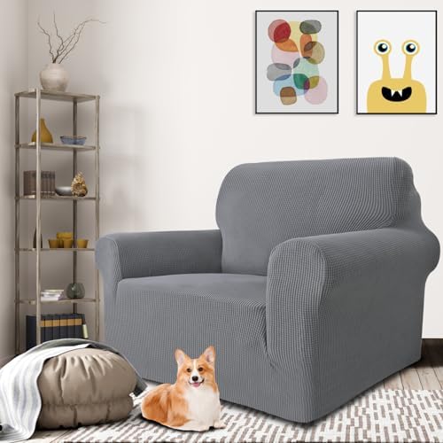 MAXIJIN Stretch Chair Cover Chair Slipcovers with Arms, 1-Piece Couch Sofa Chair Covers for Living Room, Non Slip Armchair Cover (31"-46") Furniture Protector Dogs Pet Friendly (Chair, Light Grey) - Image 2