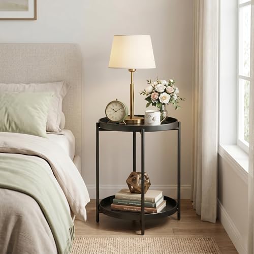 TeoKJ 2 Tier Round Side Table, Folding Round Metal End Table Small Nightstand with Two Removable Tray for Bedroom Living Room Bedside Small Spaces Black - Image 7