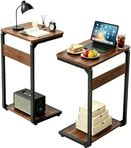 Wood Pedestal Snack TV Trays Set of 2, Small C Shaped NightStand ET-YB-BRW2 by Unknown
