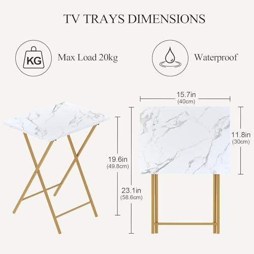 Folding TV Tray Table Set of 2, Portable Foldable TV Dinner Tray, Space-Saving Snack Serving Sofa Side Table, Easy to Fold Stable TV Trays for Living Room, Bedroom, Small Spaces (White Marble + Gold) - Image 3