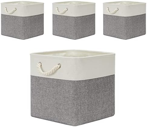 Temary Fabric Baskets 13 Inch Cube Storage Baskets with Rope Handle, Storage Cube Bins Clothes Basket for Gift, Large Storage Bins for Storage Books, Blankets (White&Gray) by TEMARY