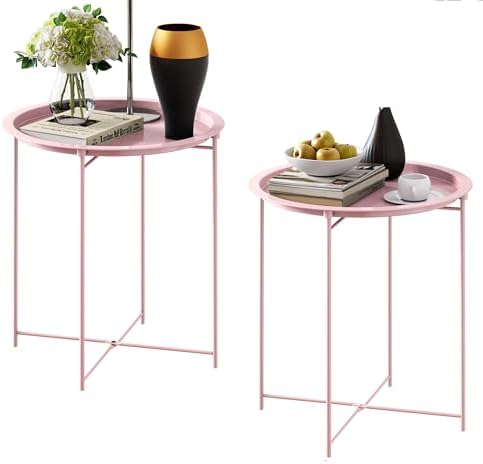 End Table Set of 2,Pink Outdoor Side Table, Small Patio Round Folding Metal Side Tables for Outdoor,Living Room,Bedroom Balcony and Office, 2 PCS by Elitehouse