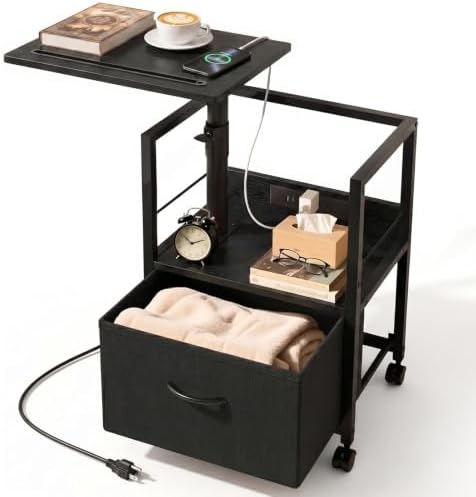 Faesun Swivel Lift Top Nightstand with Charging Station, Rolling Side Table for Recliner, Bedside Table with Wheels & a Fabric Drawer, for Small Spaces, for Bedroom, Living Room, Black by Faesun