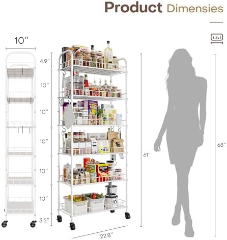6 Tier Slim Rolling Storage Cart with Wheels, Metal Mobile Shelving Unit Organizer Utility Cart for Office Bathroom Kitchen Laundry Room Narrow Places (White 10 Inches) - Image 7