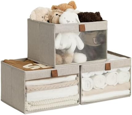 StorageWorks Fabric Storage Bins with Clear Window, Brown and Beige, 3-Pack by StorageWorks