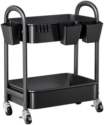 2 Tier Rolling Cart Metal on Wheels,Two Tiered Short Side Table with Wheels by Recximi