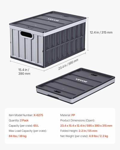 VEVOR Plastic Collapsible Storage Bins with Lids, 65L 2 Packs, Stackable Folding Storage Crates with Handles, Holds 84 lbs Per Bin, Heavy Duty Containers, Space-Saving Baskets, for Home Organizing - Image 7