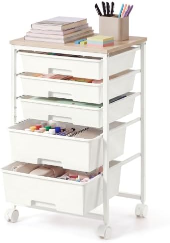 VASAGLE Rolling Cart with Drawers,5 Drawers Storage Cart, White by VASAGLEbySONGMICSHOME