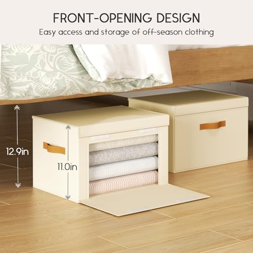Homsorout Large Storage Bins with Lids - Front Opening Fabric Storage Bins, Flap Closet Organizer with Handles, Collapsible Boxes with Lid, Decorative Basket for Home, Dorm, 4 Pack, Beige - Image 2