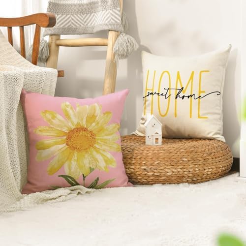 AVOIN colorlife Home Sweet Home Spring Summer Flowers Pink Throw Pillow Covers, 20 x 20 Inch White Cushion Case for Sofa Couch Set of 4 - Image 5