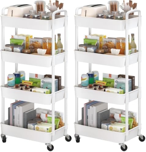 Sywhitta 4-Tier Plastic Rolling Utility Cart with Handle, Multi-Functional Storage Trolley for Office, Living Room, Kitchen, Movable Storage Organizer with Wheels, White (Pack of 2) by haseverythingyouneed