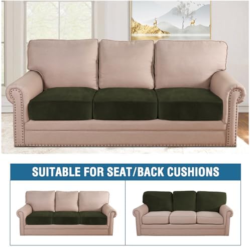H.VERSAILTEX Velvet Stretch Couch Cushion Cover Plush Cushion Slipcover for Chair Loveseat Sofa Cushion Furniture Protector Seat Cushion Sofa Cover (3 Piece Sofa Cushion Covers, Olive) - Image 3