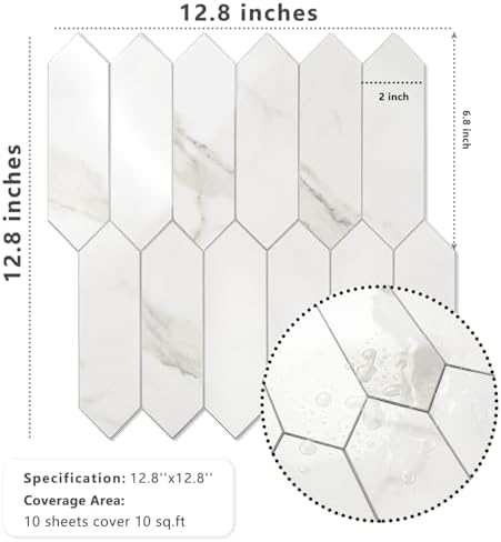Vamos Tile Glossy White Marble Backsplash Tile Peel and Stick, 12.8 x 12.8 Inch 10 Sheets Long Hexagon PVC Self Adhesive Mosaic Wall Tiles Stick on Backsplash for Kitchen and Bathroom - Image 5