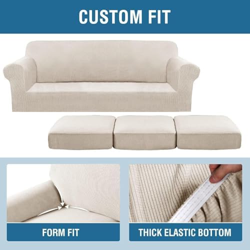 H.VERSAILTEX 4 Piece Stretch Sofa Covers for 3 Cushion Couch Covers for Living Room Furniture Slipcovers (Base Cover Plus 3 Seat Cushion Covers) Thicker Jacquard Fabric (Large Sofa, Island Fossi) - Image 4