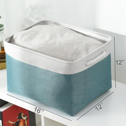 TheWarmHome Organization and Storage basket for Organizing - 3 Pack 16x12x12 inch Cube Storage Bin for Shelves, Fabric Storage Cubes for Organizer Cloth Closet Toy Box (White & Green) - Image 5
