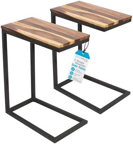 BIRDROCK HOME C Shaped End Table for Couch Set of 2 - Modern Industrial TV Tray with Solid Acacia Wood Top and Metal Frame - Small Side Table for Small Spaces, Living Room, or Bedroom (Natural) by BIRDROCKHOME