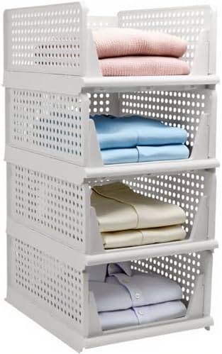 Goderewild Stackable Foldable Storage Baskets, Folding Storage Bins, Closet Organizers and Plastic Drawer Shelf Storage Container for Wardrobe, Cupboard, Kitchen, Bathroom, Office (White, 4L) by Goderewild