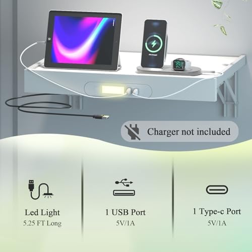 TEAMIX Floating Nightstand with Charging Station, Wall Mounted Folding Bedside Shelf Combo Wood Nightstand with Led Light USB Type C Ports, Bed Side Storage Tray Caddy for Bedroom, Living Room, Dorm - Image 4
