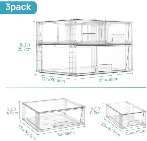 Vtopmart Clear Stackable Storage Drawers, 3 Pack Wide Organizer Set - Image 3