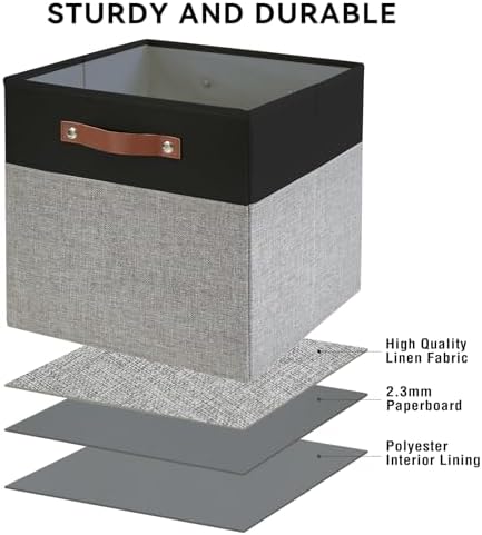 Bagnizer Collapsible Fabric Storage Cube Bins with 2 Reinforced PU Handles, Foldable Storage Organizer Baskets for Closet, Shelves, Living Room | 13"x13"x13", 4 Pack, Black & Gray - Image 5
