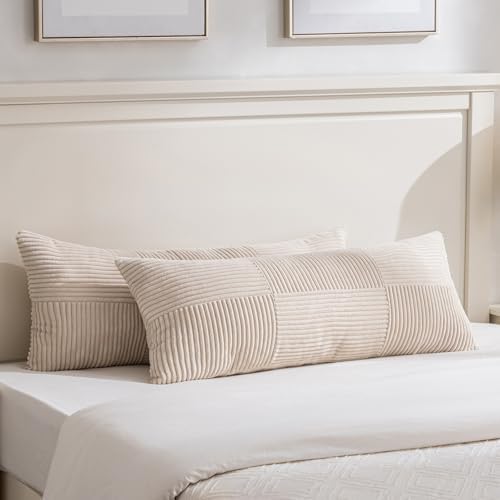 Fancy Homi Set of 2 Tan Boho Long Lumbar Body Decorative Throw Pillow Cover 14x36 Inch for Bed Couch Bedroom Bench, Soft Patchwork Corduroy Textured Pillow Case, Rustic Farmhouse Room Décor by Fancy+Homi