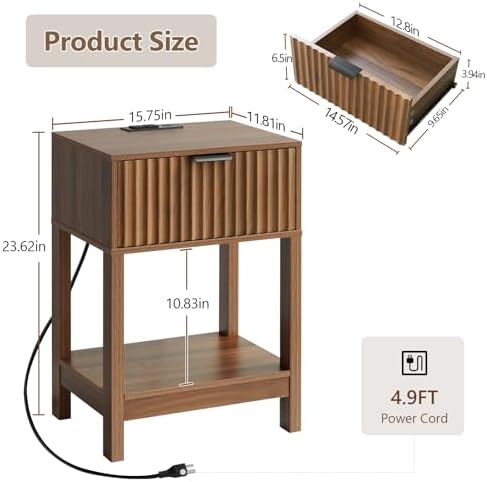 Nasonet Night Stand Set 2, Fluted Nightstand with Charging Station, Wood Bedside Table with Drawer & Storage Shelf, Modern End Tables for Bedroom Sofa Couch Office, Walnut - Image 2