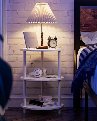 XBurmo Small Round End Table - 3 Tier Design Accent Table, Narrow Side or Bedside Stand, Industrial Vintage Nightstand for Bedroom, Living Room, or Small Spaces, Set of 2, Marble White - Image 6