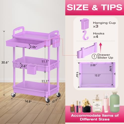 Goovilla Rolling Makeup Organizer Cart with Removable Drawer, 3 Tier Purple - Image 2