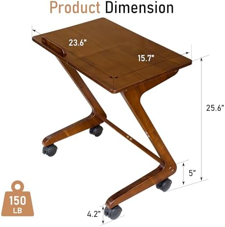 FLYJOE Solid Rubberwood TV Tray Table with Casters, Z-Shaped, Dark Walnut - Image 3