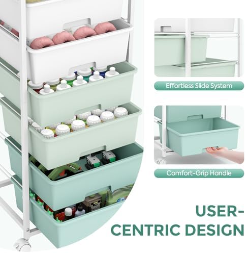 6 Drawer Rolling Storage Cart with Wooden Top and Wheels for Crafts,Green - Image 4