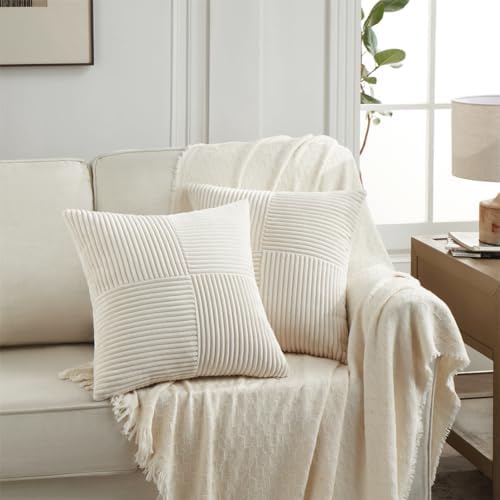 Fancy Homi 2 Packs Cream Samll Decorative Throw Pillow Covers 14x14 Inch with for Couch Bed Sofa, Rustic Farmhouse Boho Home Decor, Soft Corss Patchwork Corduroy Square Cushion Case 35x35 cm - Image 6