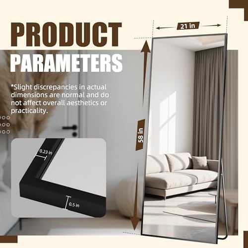 Antok Over The Door Mirror Full Length, 58'' x 21''Wall Mounted Hanging Mirror, Aluminum Alloy Frame, Shatterproof Glass, No Drill Installation for Bedroom, Closet, Bathroom, Dorm, Rect Corner,Black - Image 5