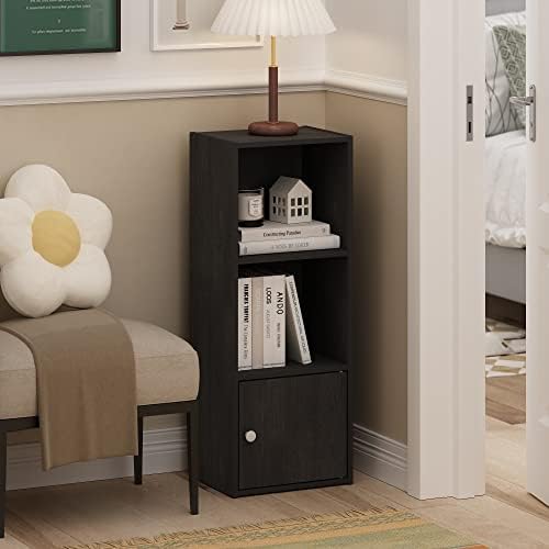 Furinno LUDER Book Shelf, 3-Tier Modern Bookshelf, Bookcase with 1 Door Storage Cabinet, 9.3 x 12 x 31.5, for Organization and Storage, for Living Room, Bedroom, Home Office, Blackwood - Image 2