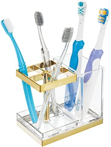 mDesign Plastic Toothbrush and Toothpaste Storage Organizer Holder - Home Decor for Bathroom Countertop - Holds Toiletries and Beauty Accessories - Lumiere Collection - Clear/Soft Brass - Image 4