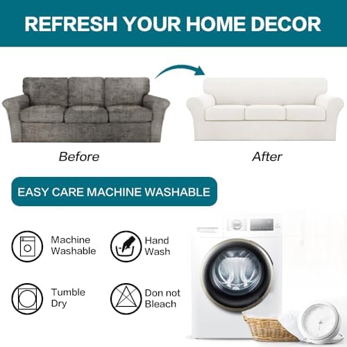 Turquoize 4 Piece Sofa Covers for 3 Cushion Couch Sofa Slipcover Soft Couch Cover for Dogs-Washable Sofa Furniture Covers with 3 Individual Large Cushion Covers (XL Sofa, Porcelain White) - Image 7