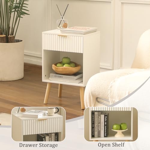 Fultyle White Fluted Nightstand, Modern Bedside Table with Drawer and Shelf - Image 5