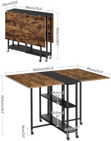 CHOEZON Folding Dining Table, Movable Dining Table, Expandable Kitchen Table, Versatile Table with 6 Wheels and 2-Tier Shelf, for Dining, Living Room, Apartment, Rustic Brown TCZ01BF - Image 3