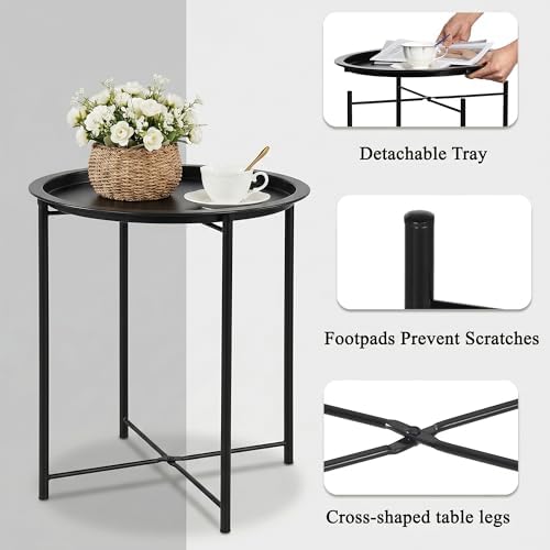 VECELO Side/End Table, Folding Round Metal Anti-Rust and Waterproof Outdoor or Indoor Tray for Living Room Bedroom Balcony and Office, 1 PCS, Black - Image 5