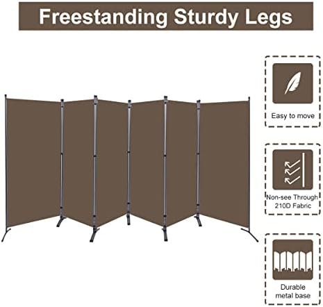 6 Panel Folding Room Divider,204" W x 71.3" H Portable Privacy Screen,Brown - Image 3