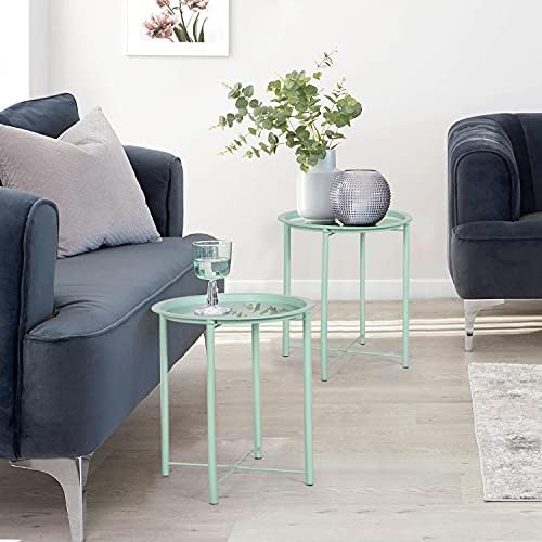 VECELO Side/End Table, Folding Round Metal Anti-Rust and Waterproof Outdoor or Indoor Tray for Living Room Bedroom Balcony and Office, 2 PCS, Light Green - Image 5