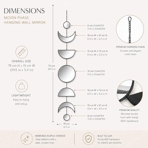 7 Pcs Moon Phase Wall Decor, Acrylic Mirror with Wooden Backboard, Boho Hanging Moon Cycle Wall Art for Bedroom Living Room Home Decor - Image 2