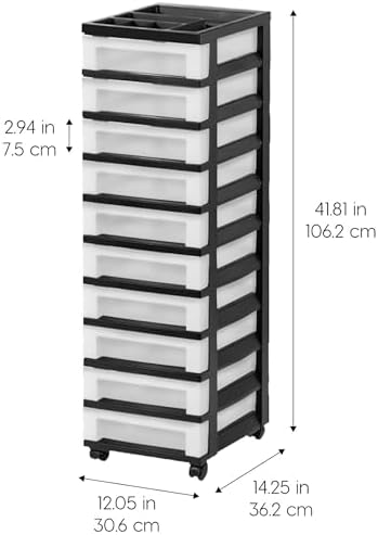 IRIS USA Plastic Drawer Storage Organizer Rolling Cart, 2-Pack, with Wheels Casters, 10-Drawers, for Classroom Art Craft Supplies Dresser Closet Bathroom Laundry Room, Black/Pearl - Image 3