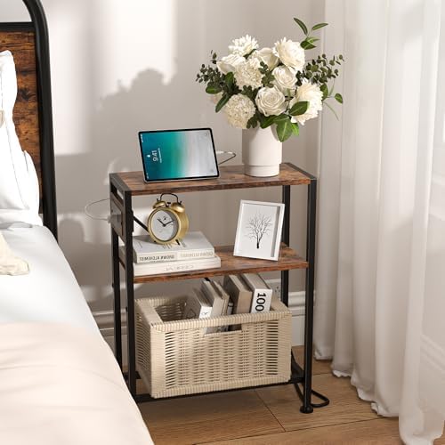 Small Narrow Side Table with Charging Station, Skinny End Table for Small Spaces, Slim Nightstand with Outlets, Sofa Bedside Table in Living Room, Bedroom, Study, Kitchen and Balcony (Rustic Brown) - Image 2