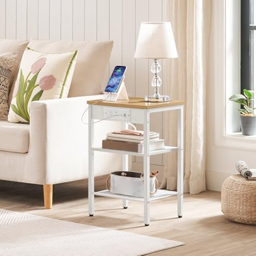 HOOBRO Side Table with Charging Station and USB Port, Small End Table for Small Space, 3-Tier Nightstand with Adjustable Shelf, for Living Room, Bedroom, Natural and White WN112BZ01 - Image 2